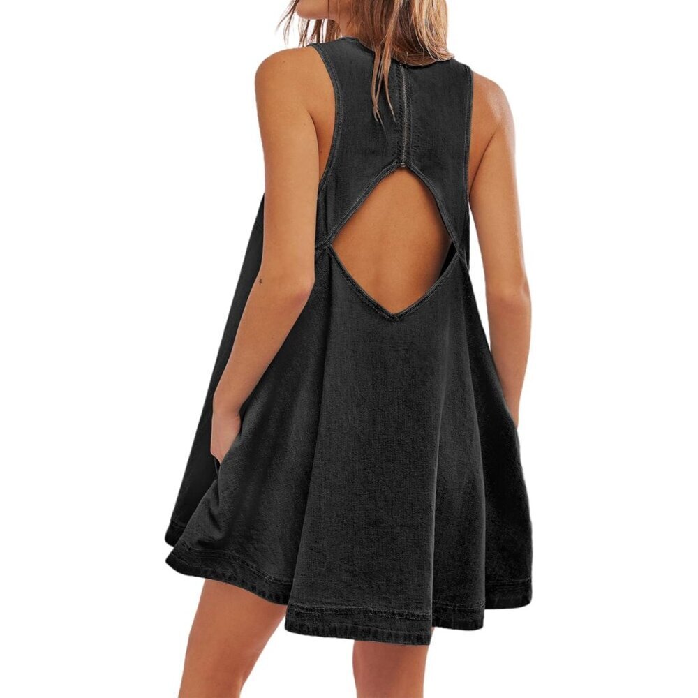 Women’s Denim Dress Summer Casual Sleeveless Mini with Pockets Large